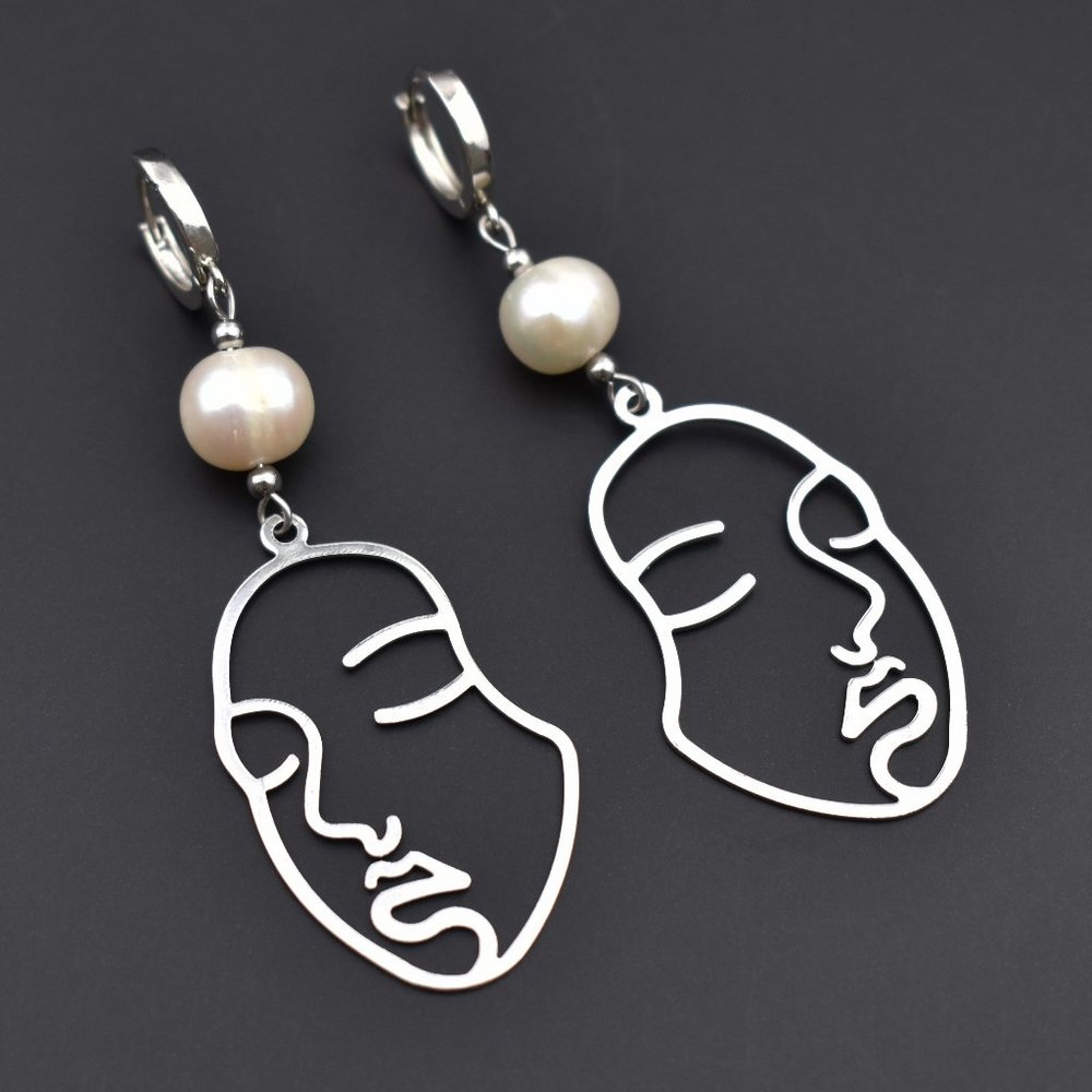 Profile face earrings dangle, large abstract minimalist earrings silver